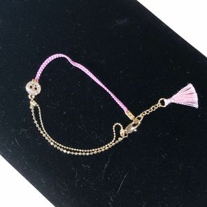 Shiraleah Anthropologie Bracelet Crystal Fringe Mala Pink String & Chain Tassel